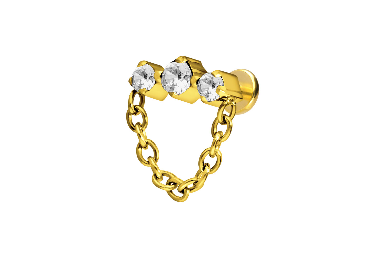 Titan Labret Piercing mit Push Fit 3 EINGEFASSTE KRISTALLE + KETTE